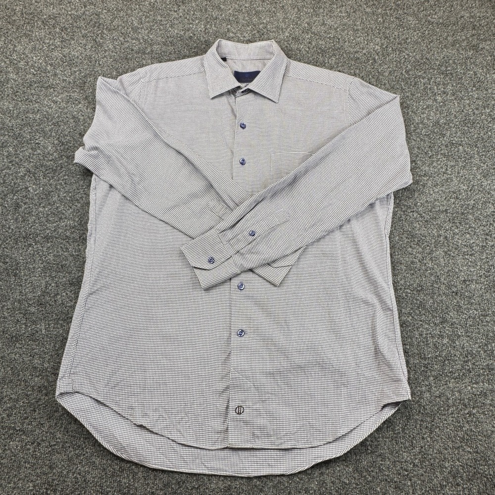 David Donahue Dress Shirt Men L Blue Brown Micro Houndstooth Cotton Professional